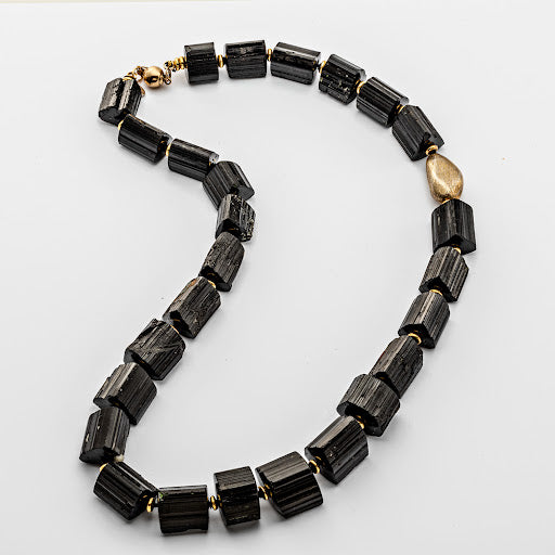 Rough Black Tourmaline and Gold Bead Necklace
