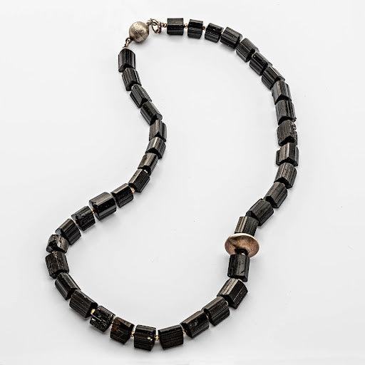 Rough Black Tourmaline and Sterling Silver Bead Necklace